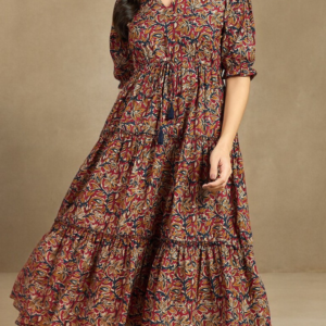 Women Ethnic Motif Print Mandarin Collar Short Puff Sleeves Cotton A-Line Midi Dress